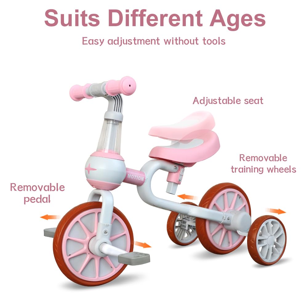 3 in 1 Toddler Bike with Adjustable Seat, Detachable Pedal and Training Wheels, Pink H86455