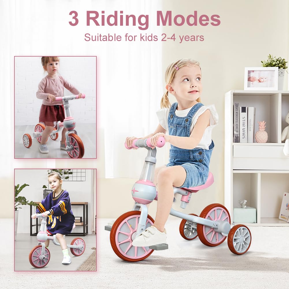 3 in 1 Toddler Bike with Adjustable Seat, Detachable Pedal and Training Wheels, Pink H86455