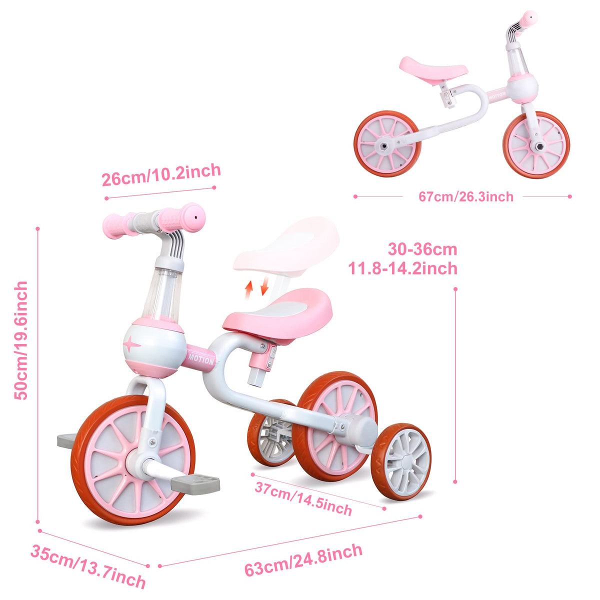 3 in 1 Toddler Bike with Adjustable Seat, Detachable Pedal and Training Wheels, Pink H86455