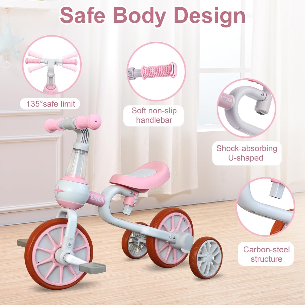 3 in 1 Toddler Bike with Adjustable Seat, Detachable Pedal and Training Wheels, Pink H86455