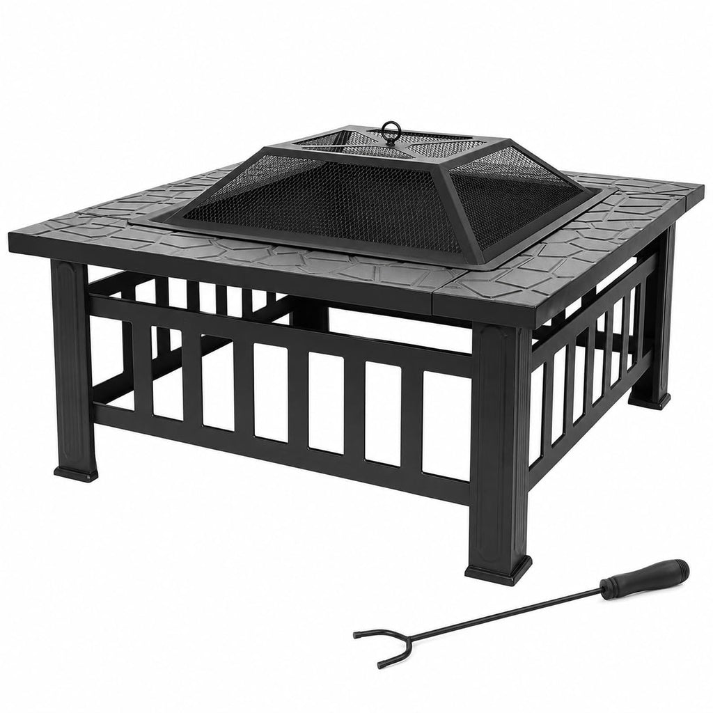 32 Inch Square Metal Wood Burning Fire Pit with Spark Screen and Poker G68227