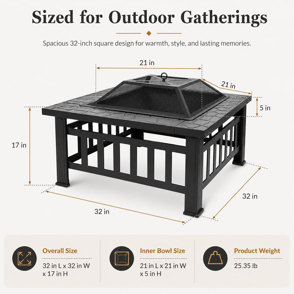 32 Inch Square Metal Wood Burning Fire Pit with Spark Screen and Poker G68227