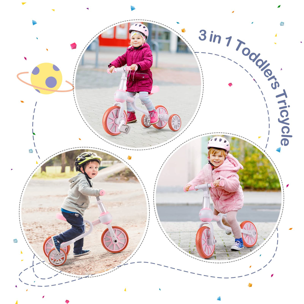 3 in 1 Toddler Bike with Adjustable Seat, Detachable Pedal and Training Wheels, Pink H86455