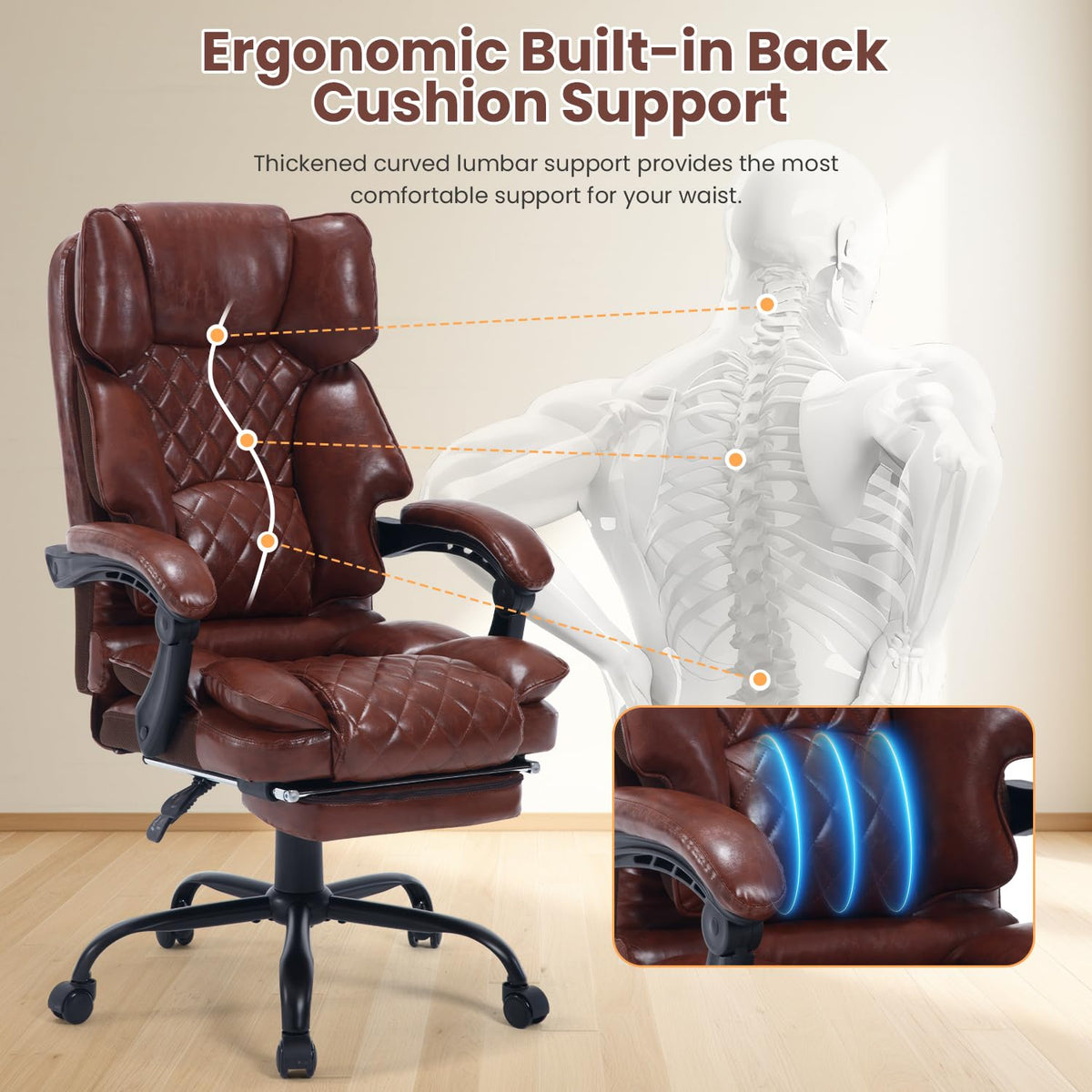 Brown Reclining Ergonomic Office Chair with Footrest E9362
