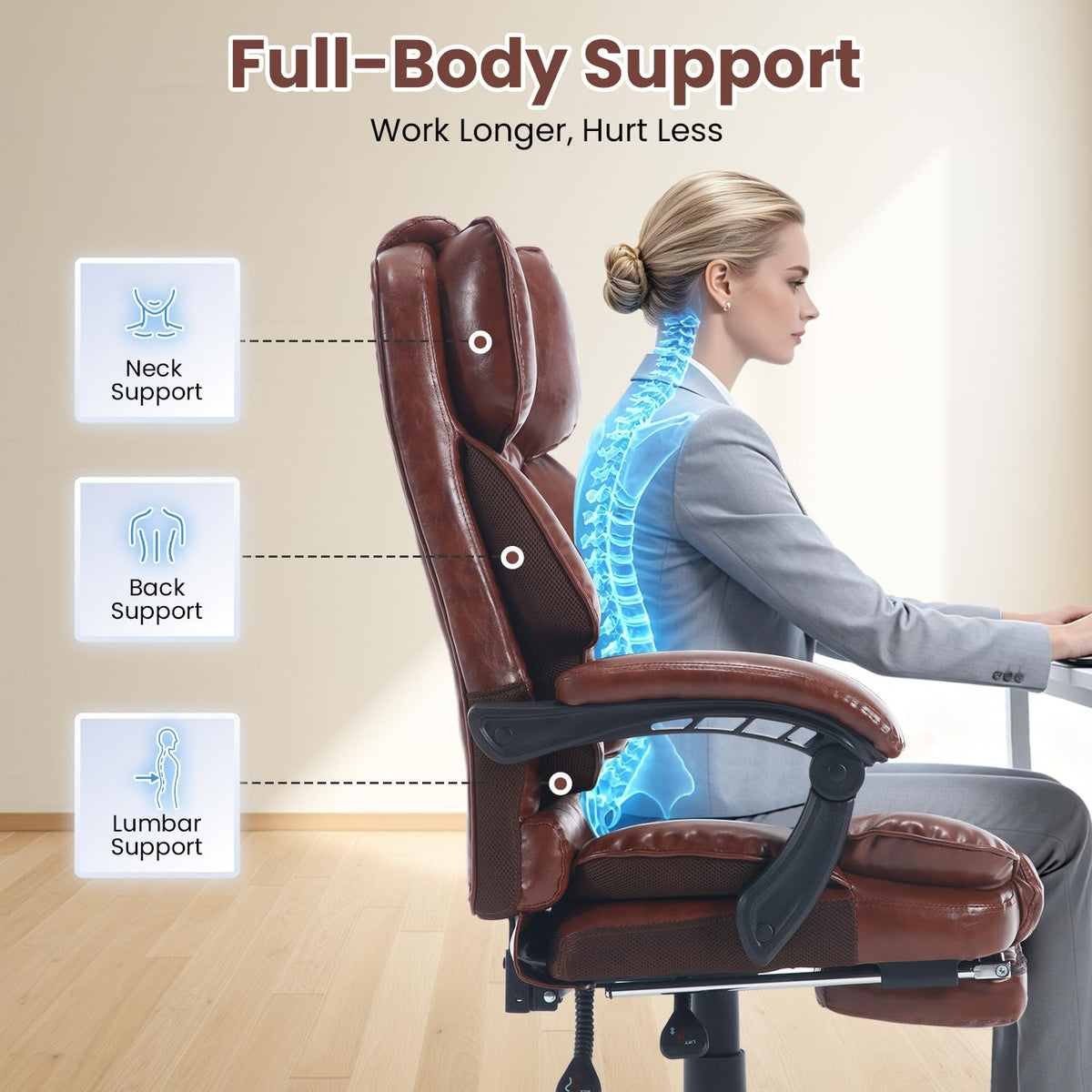 Brown Reclining Ergonomic Office Chair with Footrest E9362