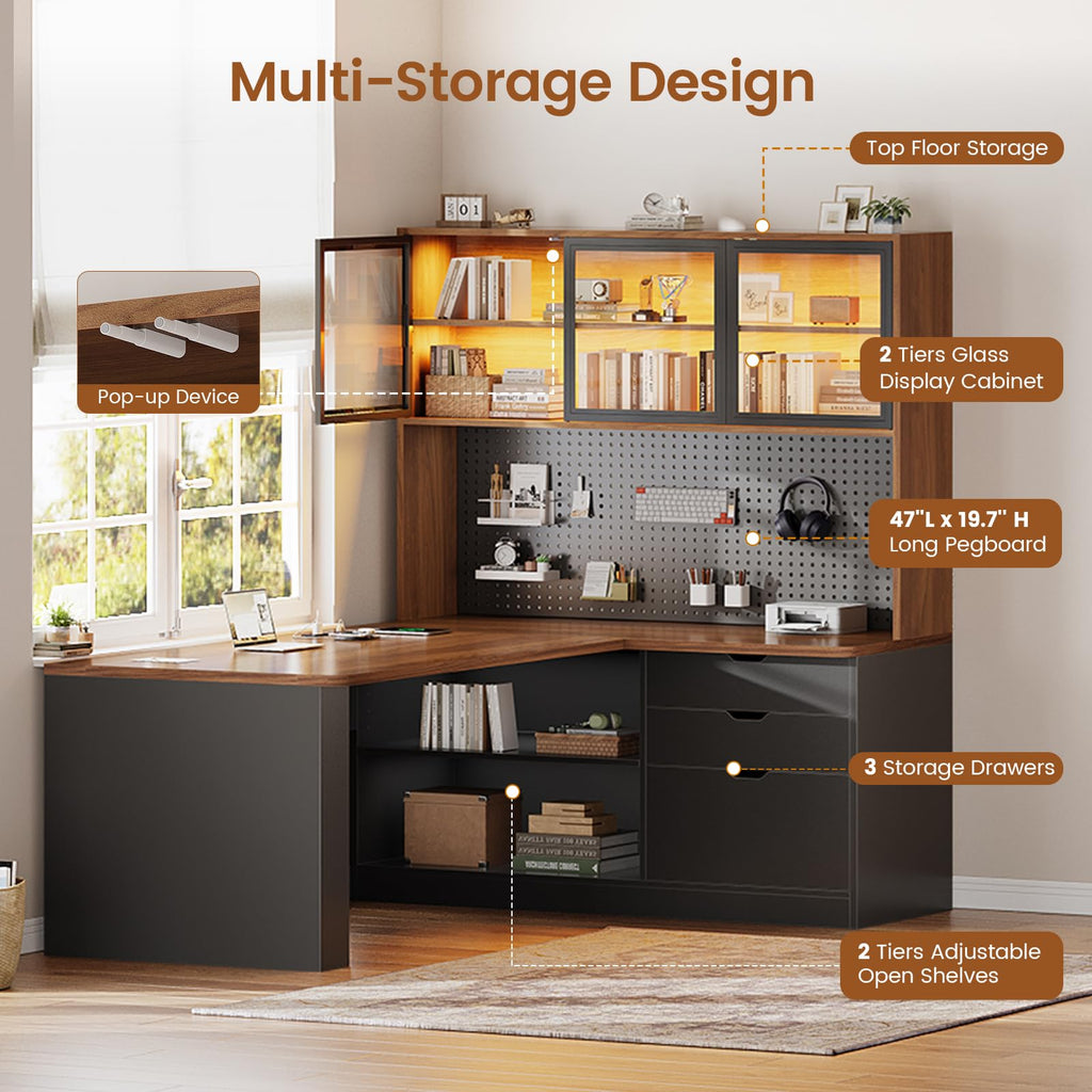 L Shaped Computer Desk with Drawer and Bookshelf O596374