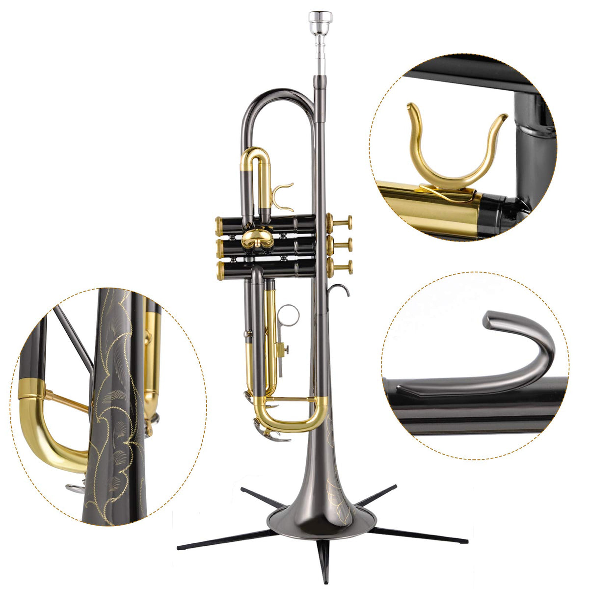 Bb Trumpet Set with Carrying Case, Gloves, 7C Mouthpiece, Tuning Rod, Black Nickel M381