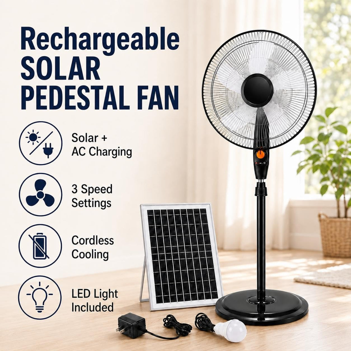 Rechargeable Pedestal Fan with Solar Panel C2015