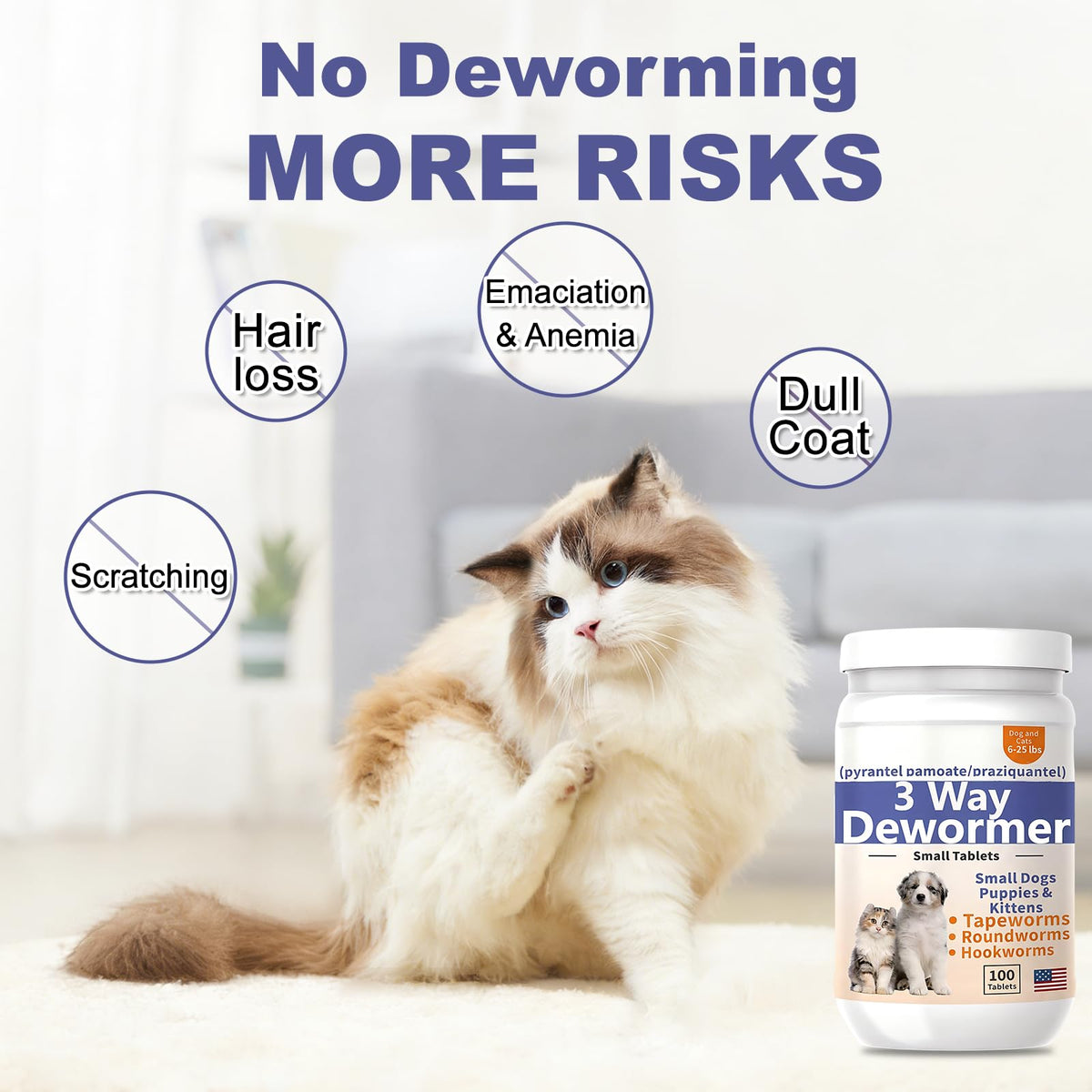 3-Way Dewormer for Small Dogs, Puppies & Kittens, 100 Tablets R657