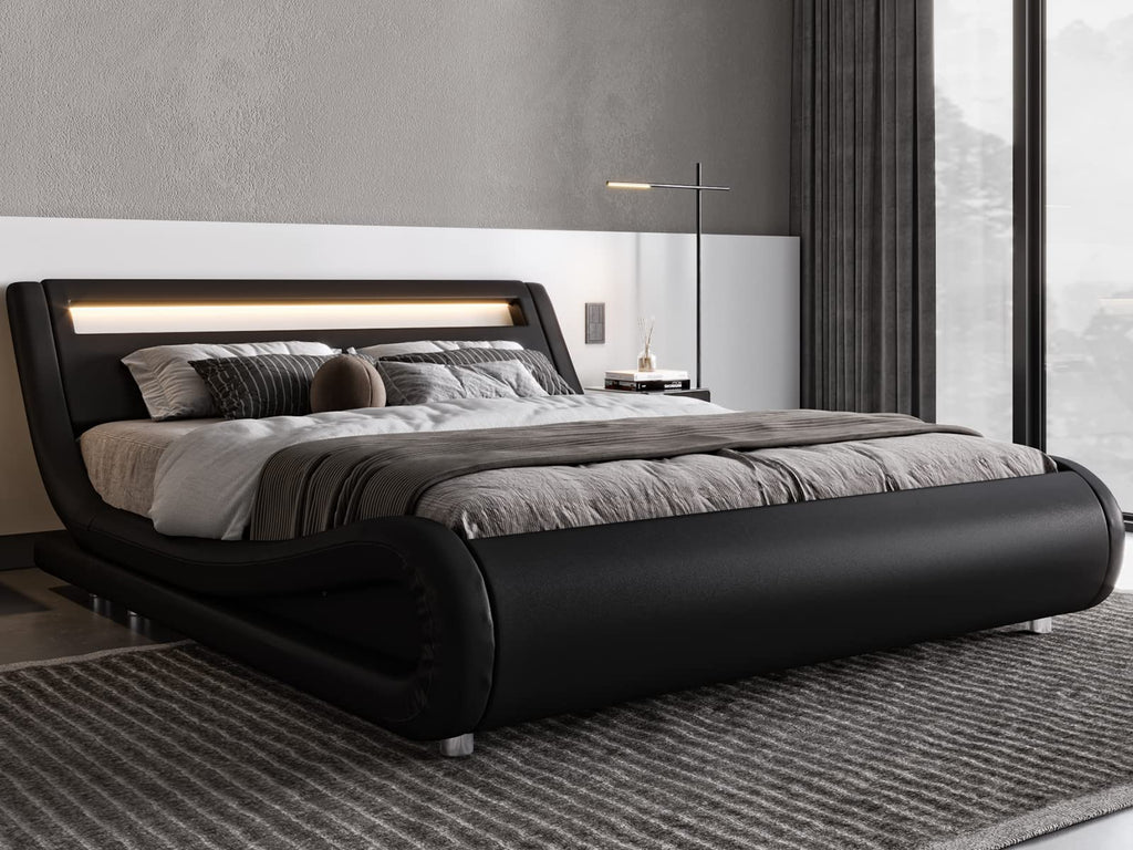 Queen Size LED Platform Bed Frame with Adjustable Headboard, Black N451069