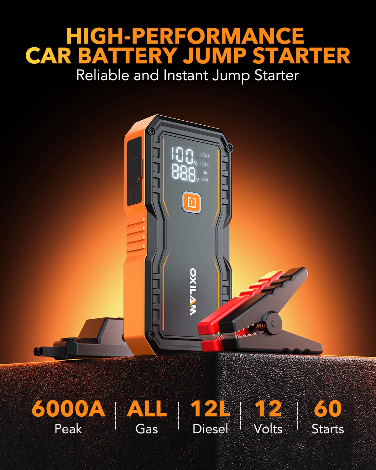 6000A Portable 12V Lithium Jump Starter with Jumper Cables C640524