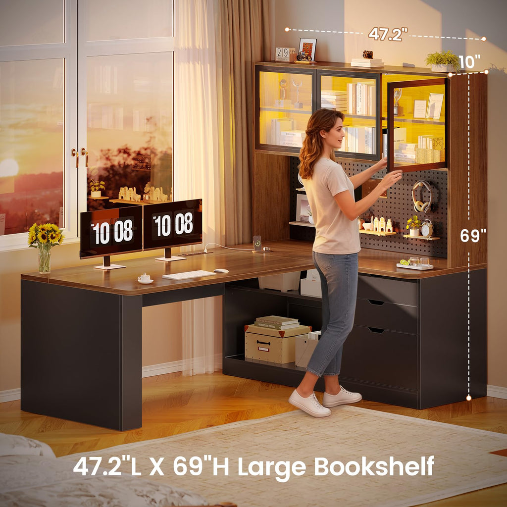 L Shaped Computer Desk with Drawer and Bookshelf O596374
