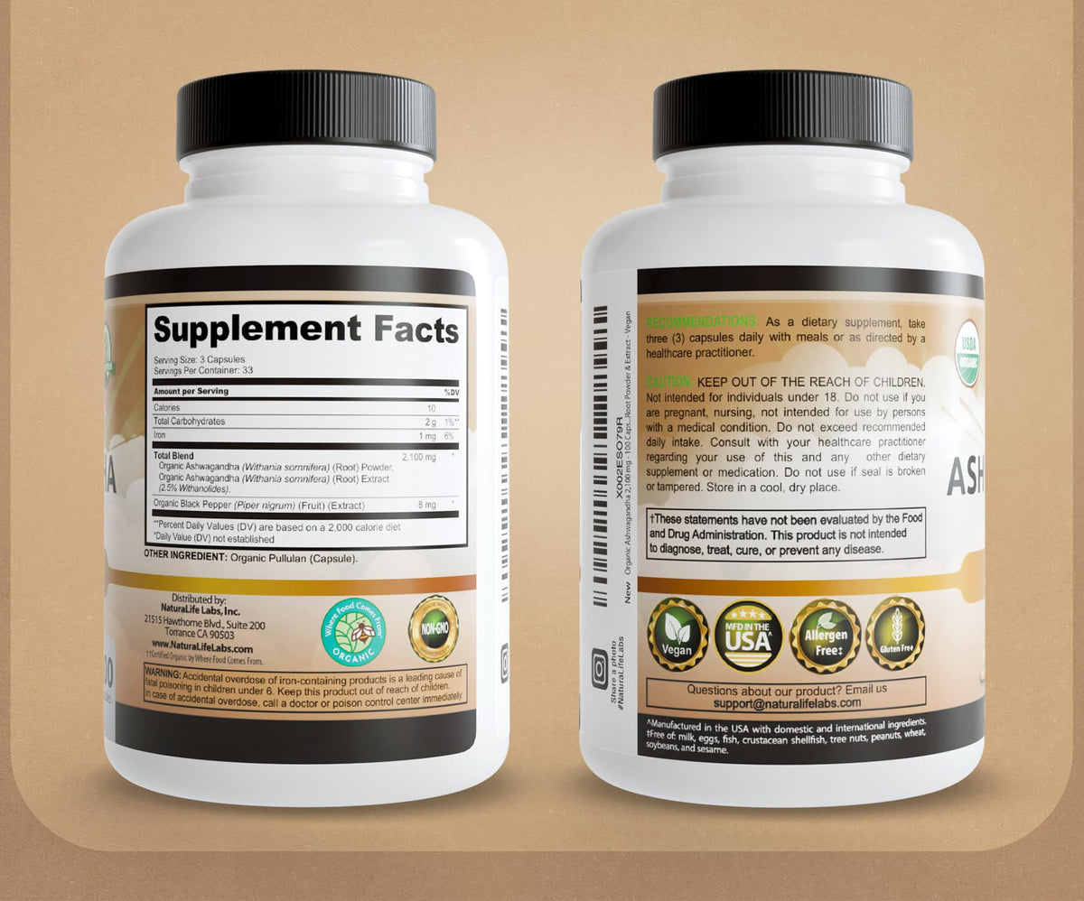 Organic Ashwagandha 2100 mg 100 Capsules Vegan Non-GMO Gluten-Free W316
