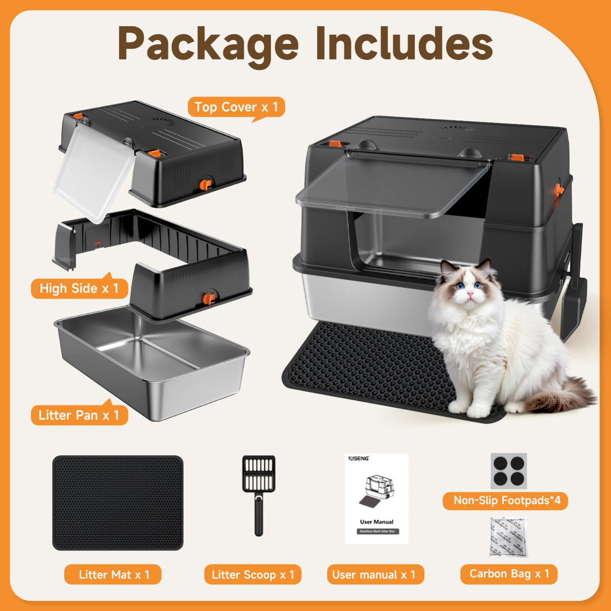 Stainless Steel High Sided Enclosed Litter Box with Lid V266