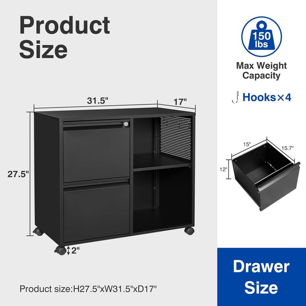 Black 2-Drawer Mobile File Cabinet with Lock D40589