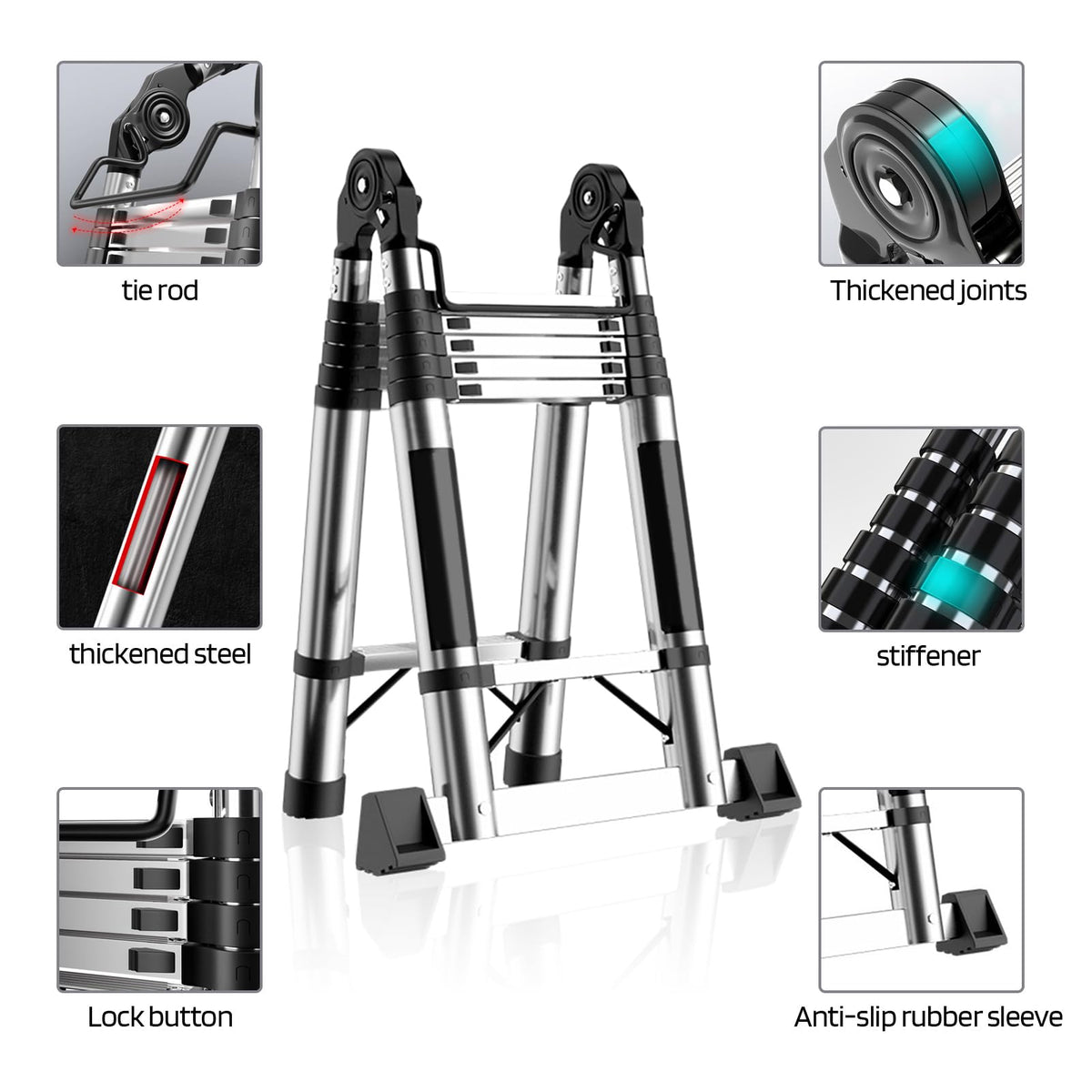 Telescoping Ladder with Locking Mechanism, Heavy Duty Aluminum 330 lbs J117494