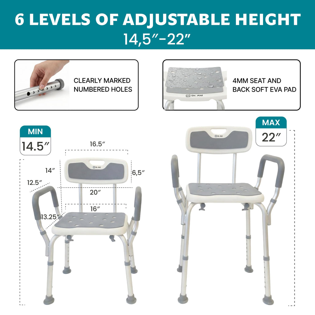 Shower Chair, 6-Height Adjustable, 400 lbs F5845