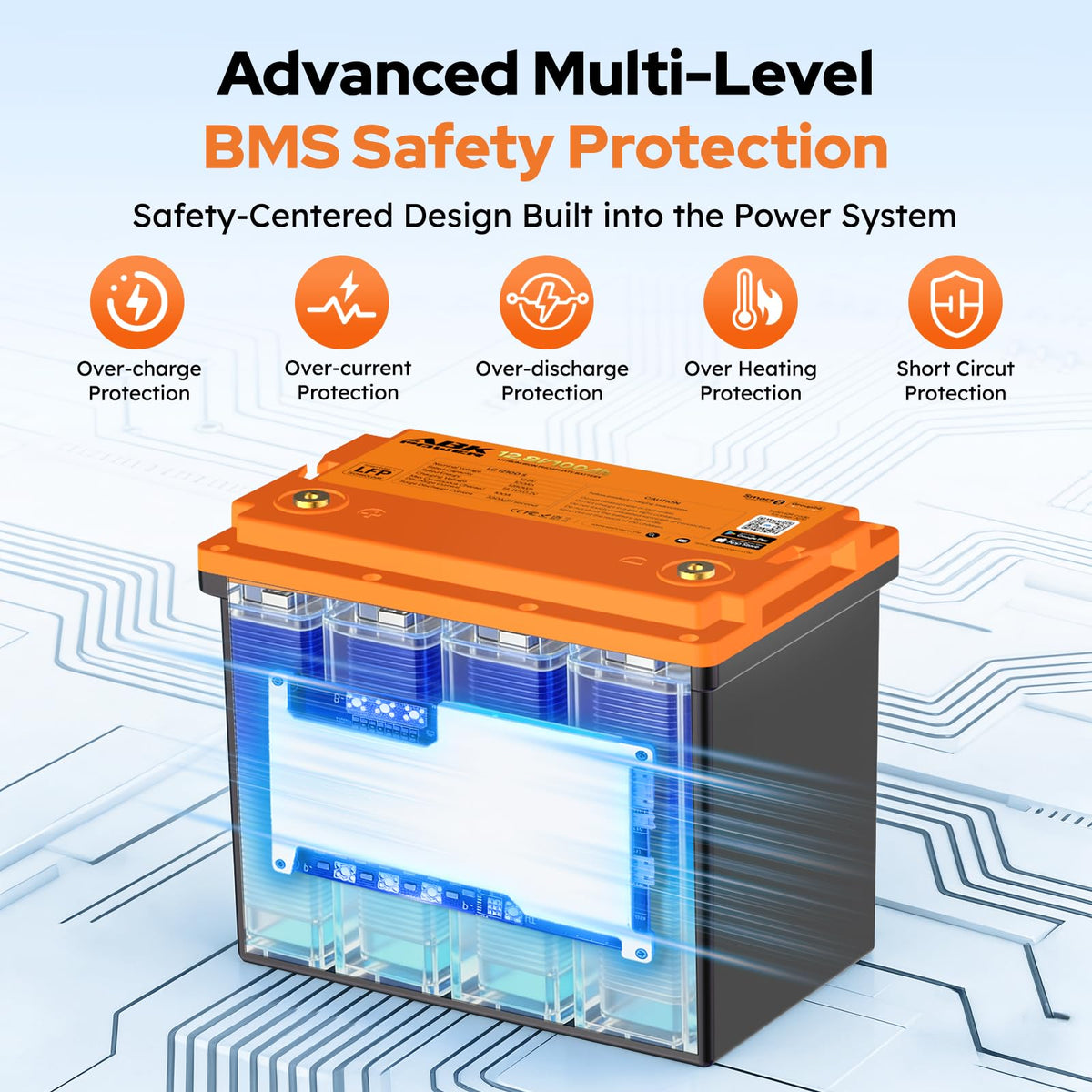 12V 100Ah LiFePO4 Lithium Battery with Bluetooth Monitoring & Low-Temp Protection A5016