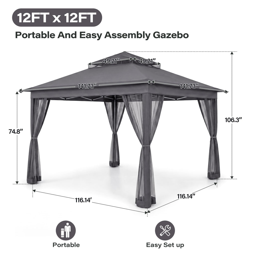 12x12 Pop Up Gazebo with Mosquito Netting and Sidewalls Grey Y6970