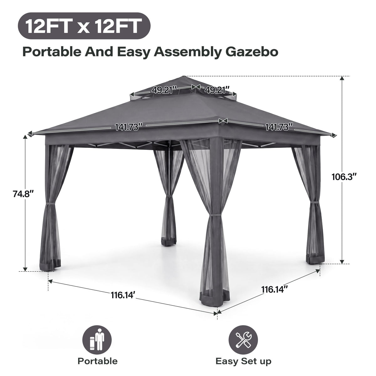 12x12 Pop Up Gazebo with Mosquito Netting and Sidewalls Grey Y6970