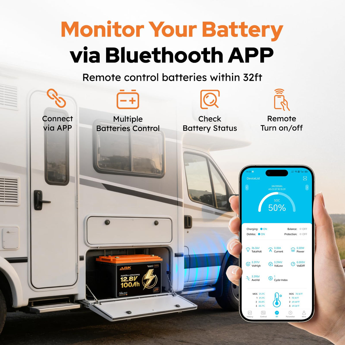 12V 100Ah LiFePO4 Lithium Battery with Bluetooth Monitoring & Low-Temp Protection A5016
