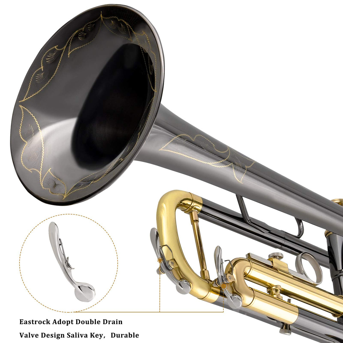 Bb Trumpet Set with Carrying Case, Gloves, 7C Mouthpiece, Tuning Rod, Black Nickel M381