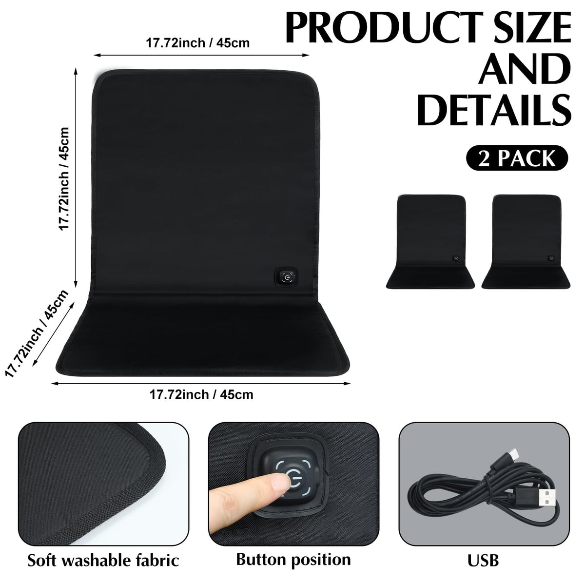 Black 2 Pcs USB Portable Heated Seat Cushion with Back Support Q172111