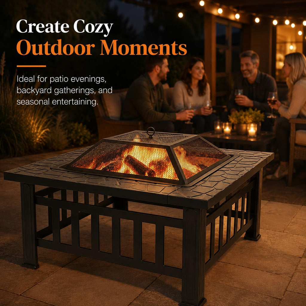 32 Inch Square Metal Wood Burning Fire Pit with Spark Screen and Poker G68227