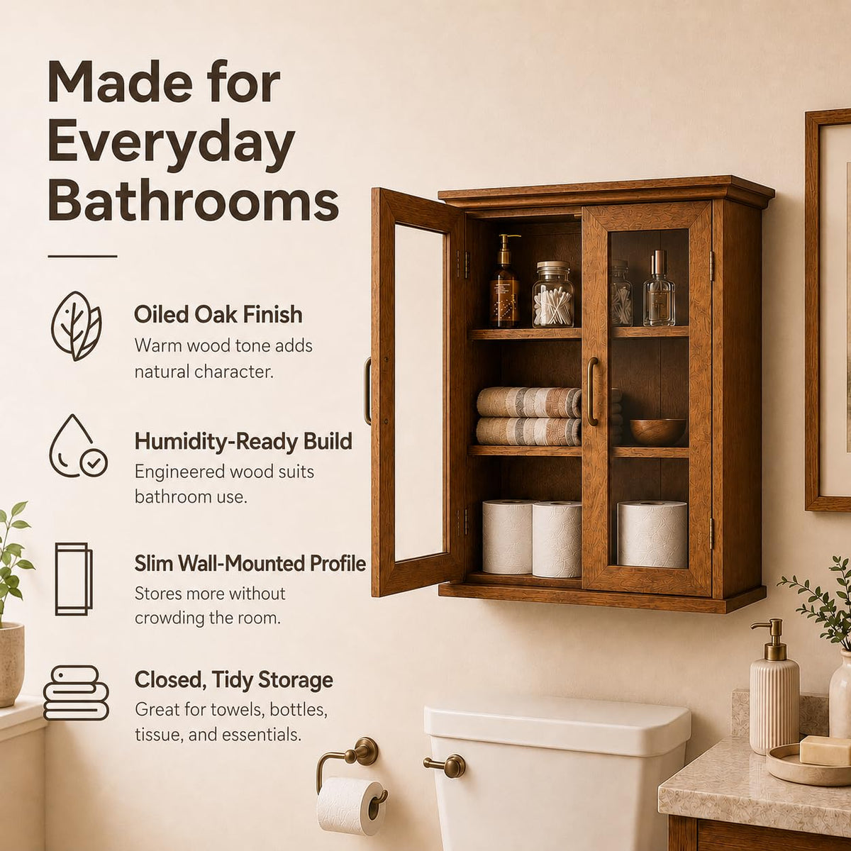 Wooden Over The Toilet Bathroom Medicine Cabinet with 2 Adjustable Shelves L7993