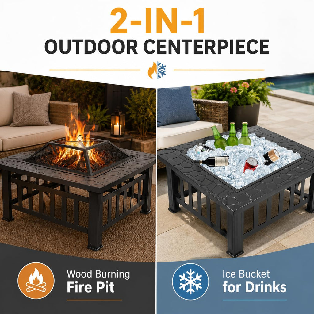 32 Inch Square Metal Wood Burning Fire Pit with Spark Screen and Poker G68227