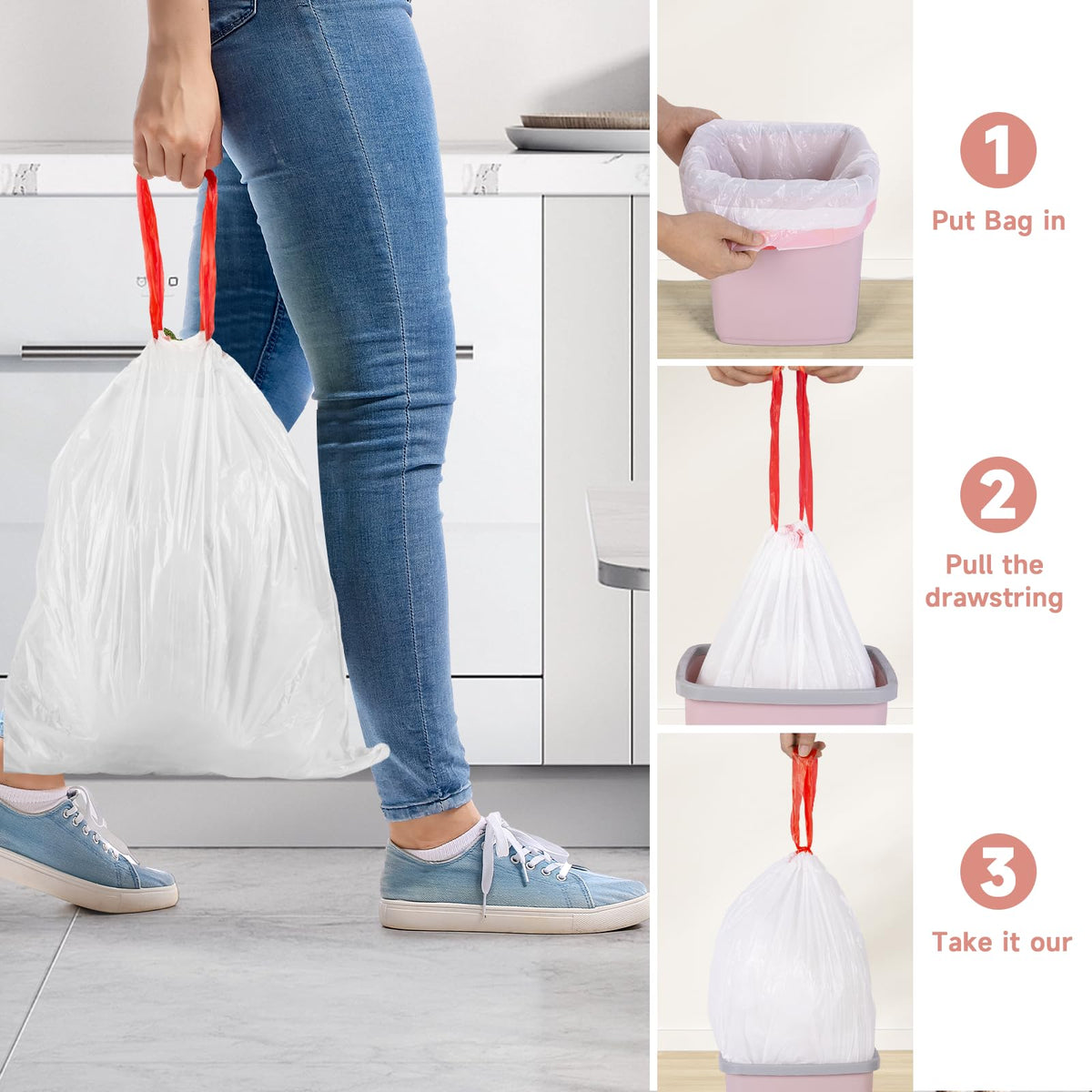 2 Gallon White Drawstring Trash Bags 60 Count E4757