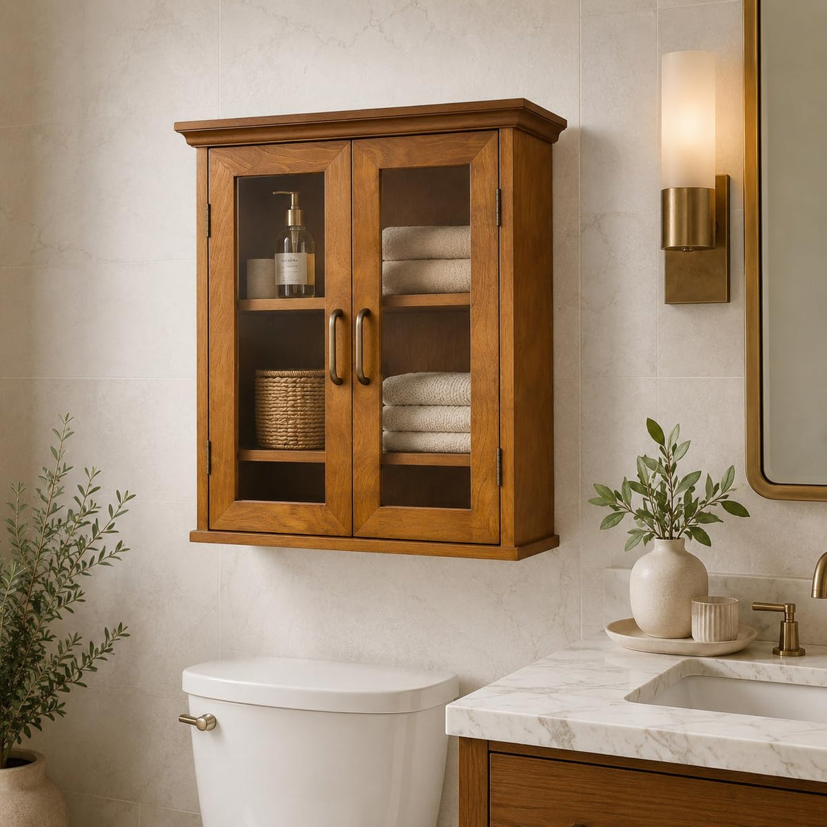 Wooden Over The Toilet Bathroom Medicine Cabinet with 2 Adjustable Shelves L7993