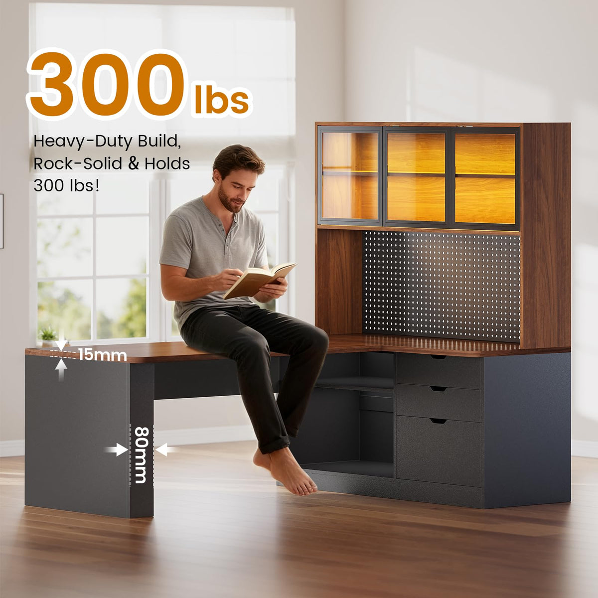 L Shaped Computer Desk with Drawer and Bookshelf O596374