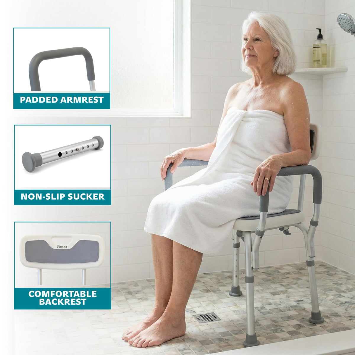 Shower Chair, 6-Height Adjustable, 400 lbs F5845