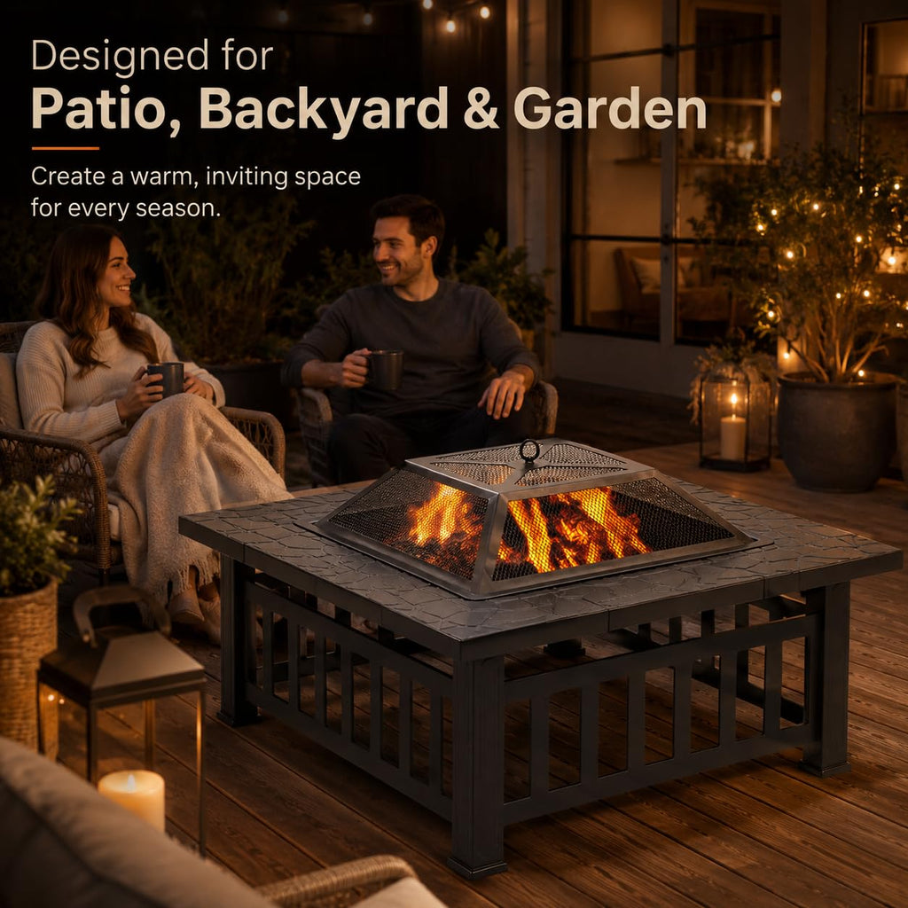 32 Inch Square Metal Wood Burning Fire Pit with Spark Screen and Poker G68227