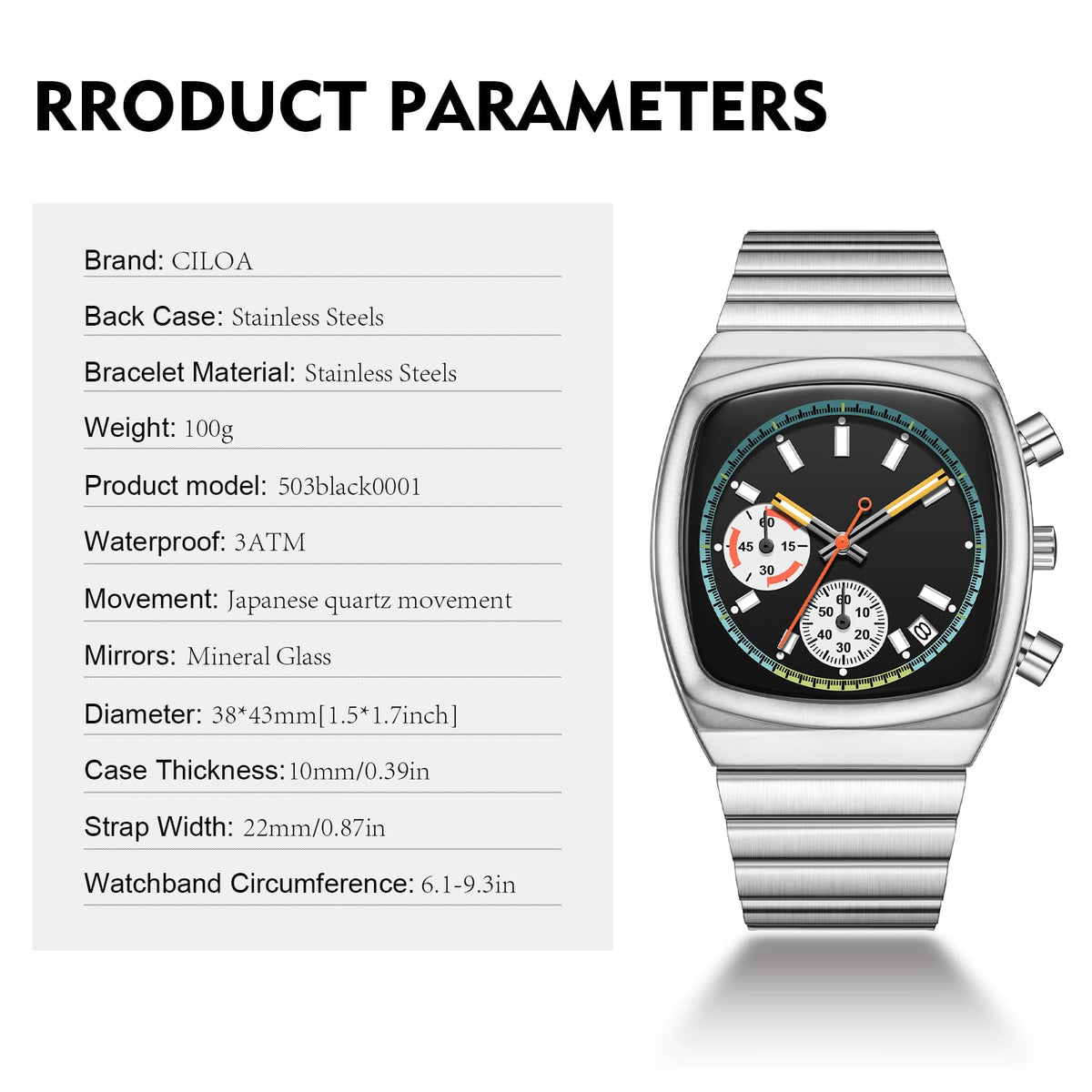 Mens Chronograph Stainless Steel Waterproof Analog Wristwatch I2871