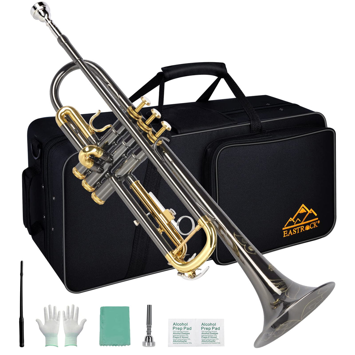 Bb Trumpet Set with Carrying Case, Gloves, 7C Mouthpiece, Tuning Rod, Black Nickel M381