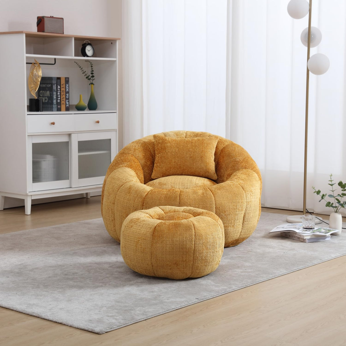 Yellow Chenille Bean Bag Chair with Ottoman and Pillow E73595