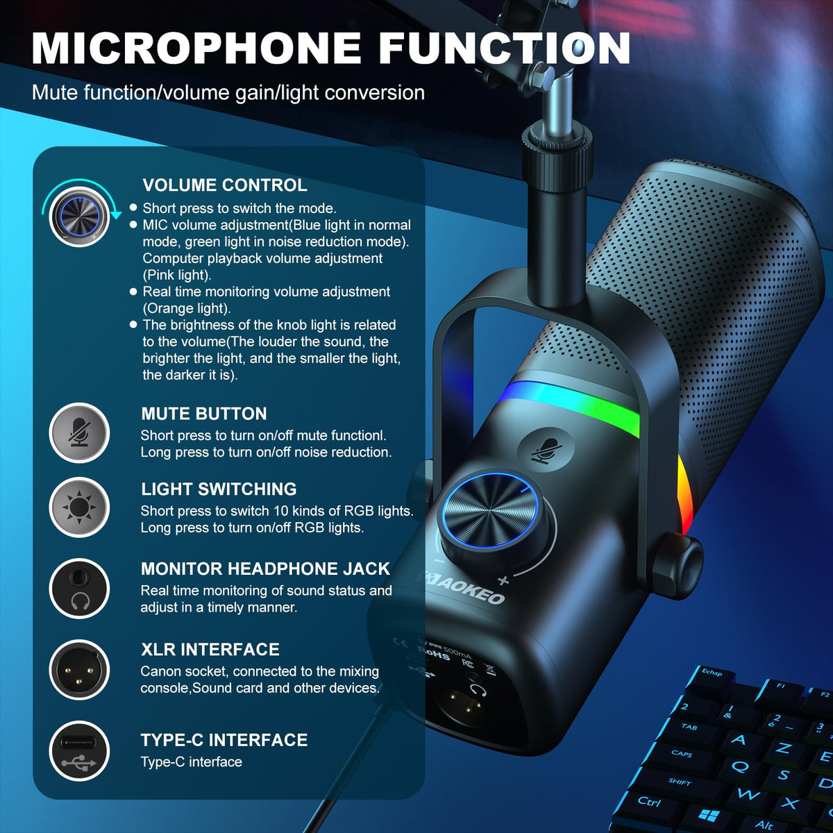 USB Condenser Gaming Microphone with Mic Arm D900