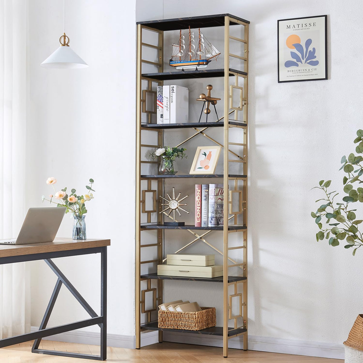 7-Tier Black Gold Metal Bookcase N9364