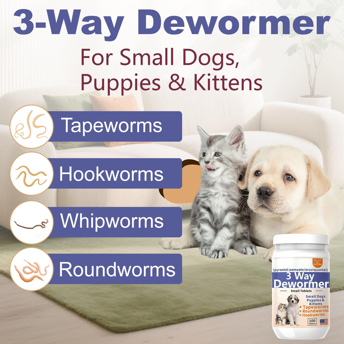 3-Way Dewormer for Small Dogs, Puppies & Kittens, 100 Tablets R657