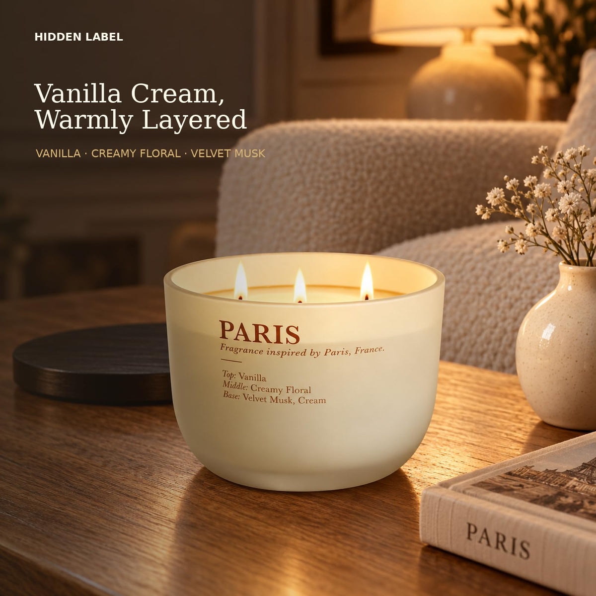 Vanilla Cream Scented Candle, 16 oz, 3-Wick Soy Wax S557183