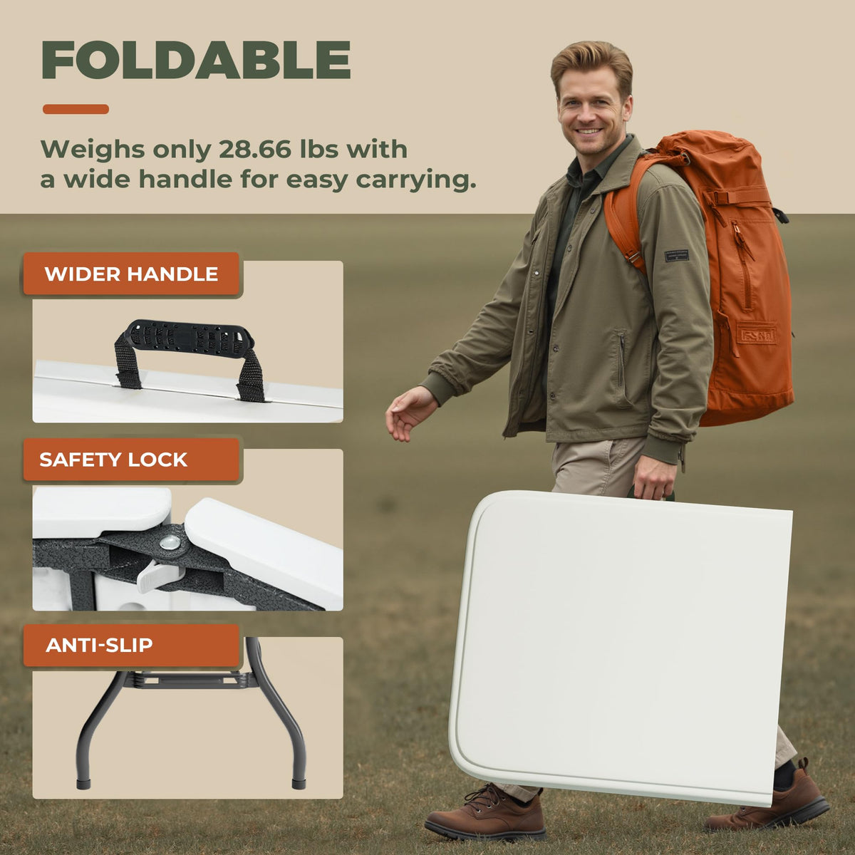 6FT Folding Table with Carry Handle, White, 1 Pack S584858