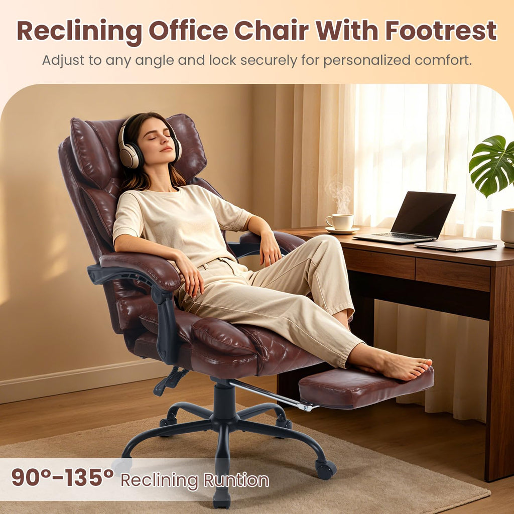 Brown Reclining Ergonomic Office Chair with Footrest E9362