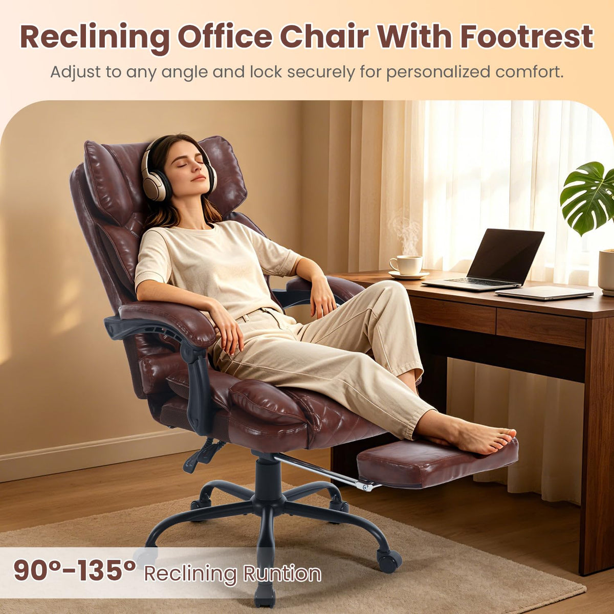 Brown Reclining Ergonomic Office Chair with Footrest E9362