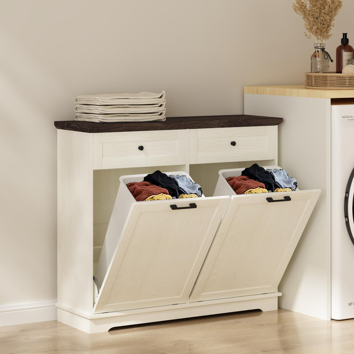 20 Gallon Double Tilt Out Wood Trash Can Cabinet with Drawer P265068