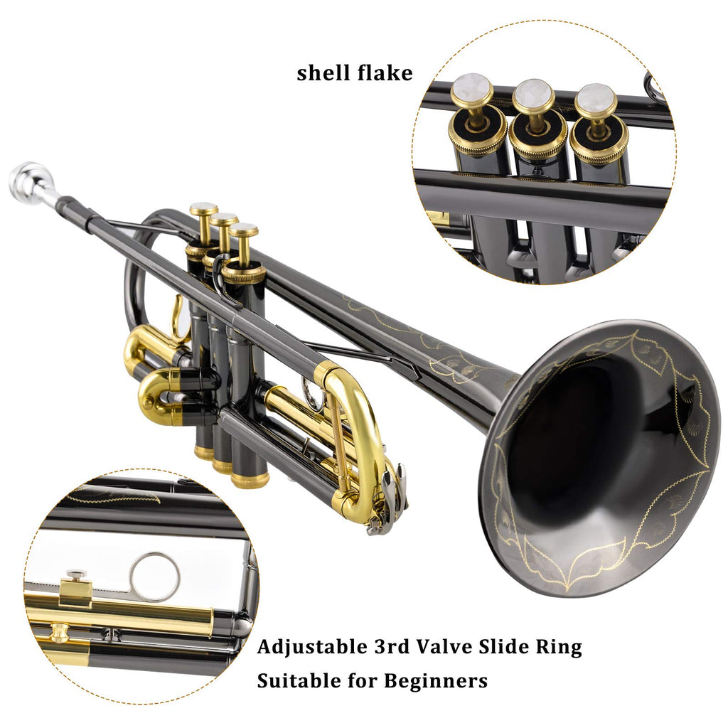 Bb Trumpet Set with Carrying Case, Gloves, 7C Mouthpiece, Tuning Rod, Black Nickel M381