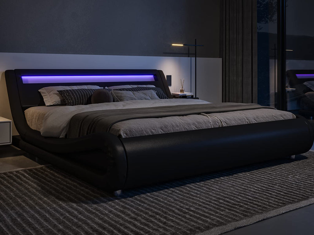 Queen Size LED Platform Bed Frame with Adjustable Headboard, Black N451069