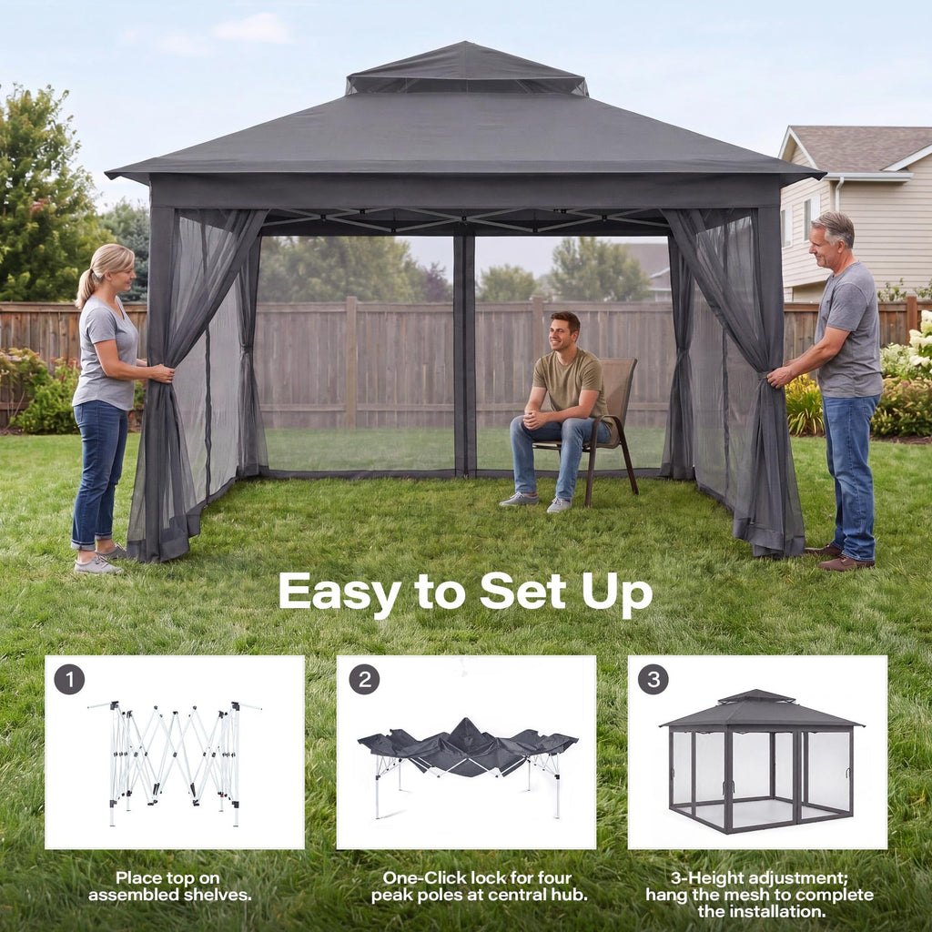 12x12 Pop Up Gazebo with Mosquito Netting and Sidewalls Grey Y6970