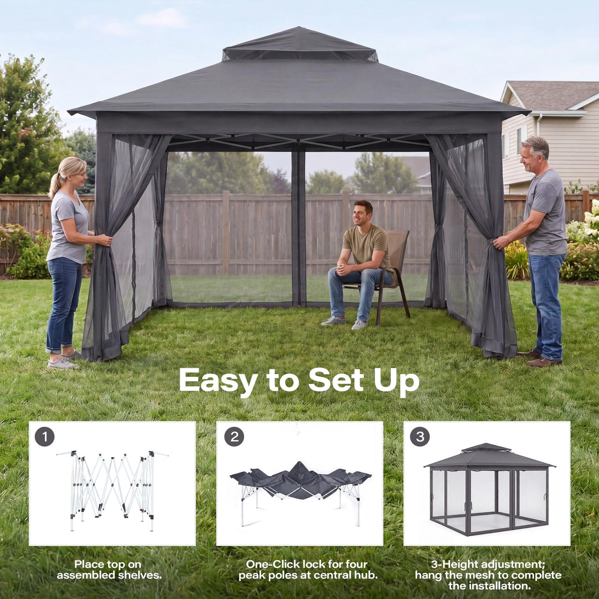 12x12 Pop Up Gazebo with Mosquito Netting and Sidewalls Grey Y6970